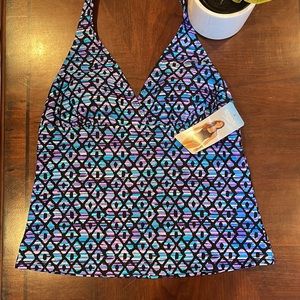 NWT Speedo Tankini Swimsuit Top Black Blue Purple Pattern Size 14